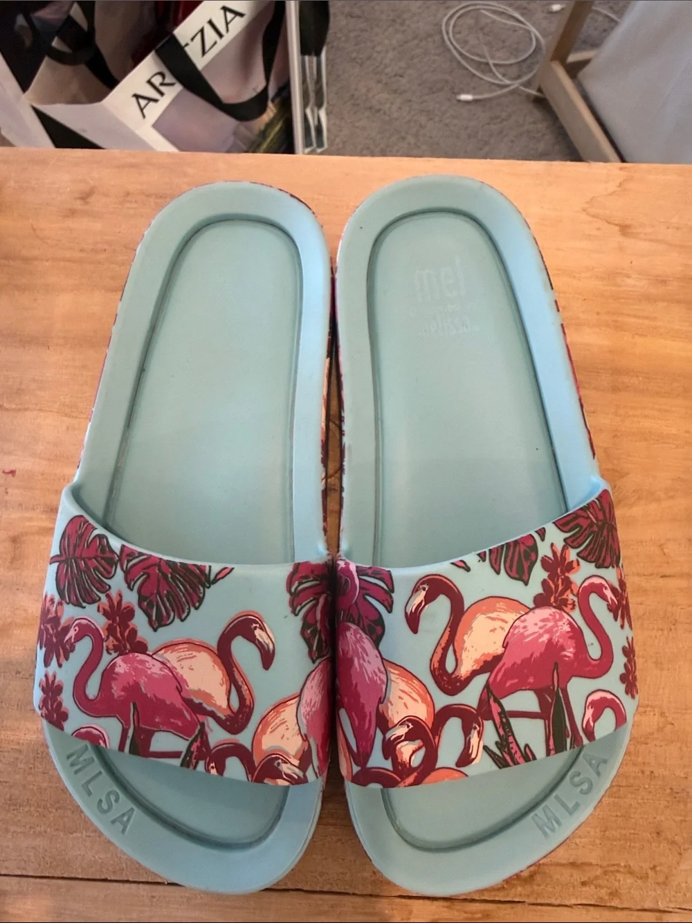 Mini Melissa Aqua Slide Sandals with Pink Flamingo Print